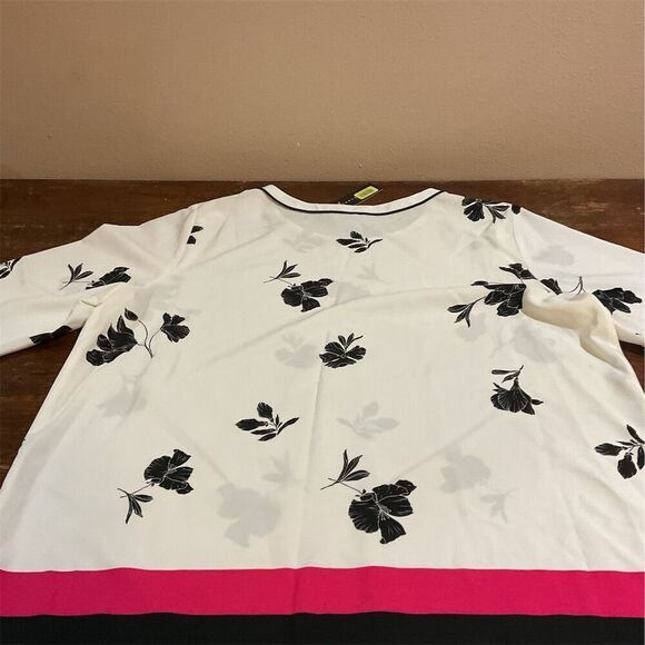 Investments XL Blouse Ivory Black Floral 3/4 Sleeve Round Neck Stripe Hem​​ - Picture 4 of 4